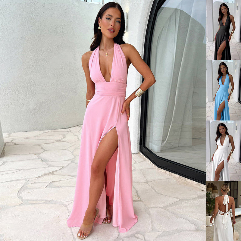 „Adriana“ – Halterneck Kleid mit V-Ausschnitt & Schlitz