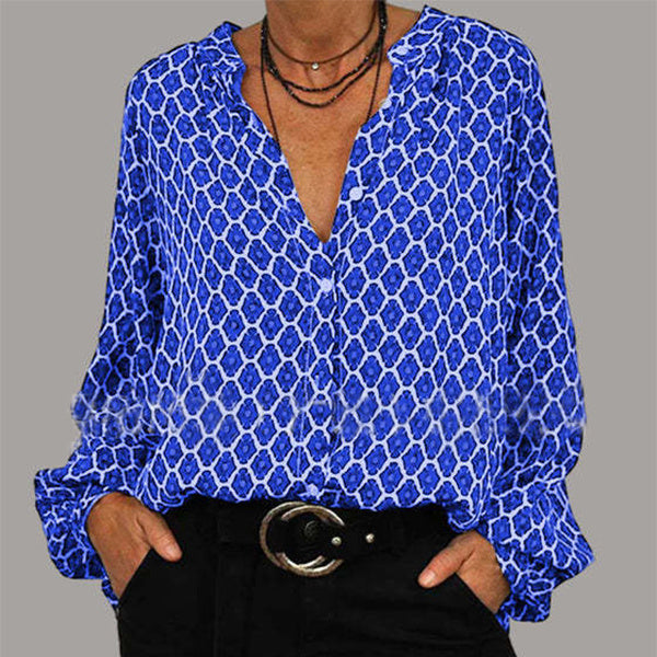 Elena“ – V-Ausschnitt Bluse mit Rautenprint